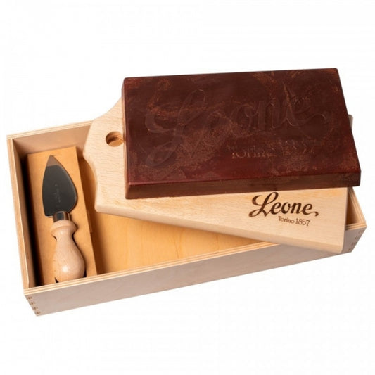 LEONE - Chocolate - Unrefined classic wooden box - 1 კგ, არარაფინირებული შოკოლადის ფილა, ხის ყუთში, დაფით და სპეციალური დანით